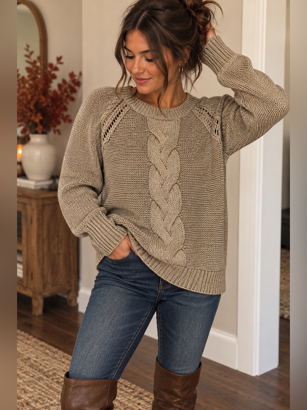 Cyn Beige Taupe Textured Cable Knit Pullover Sweater Small